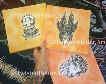 Christian Tattoo Flash Paintings Set | Be Still Cross, Seraphim Angel, Lamb of God | Religious Wall Art