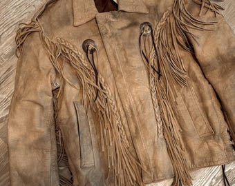 vintage gorgeous tan leather fringe concho biker jacket