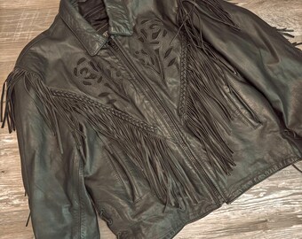 vintage unik leather fringe black rose biker jacket