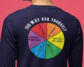 Camiseta de manga larga con letra de Talking Heads, estampado en la espalda: gráfico circular de música retro de los 80