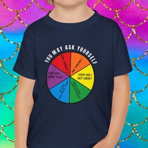 Peuter-T-shirt, jaren 80 rock, You May, Ask Yourself, T-heads muziek, retro teksten, cirkeldiagram, zwaar katoen, korte mouwen, Talking Heads cadeau