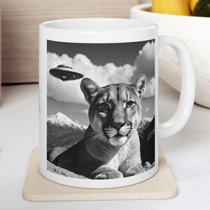 Mountain Lion Selfie Mug: Alien UFO Ceramic Mug (11oz and 15oz)