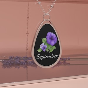 September Flower Morning Glory Necklace, Birth Flower Oval Charm Necklace, September Birth Flower, Morning-Glory September Birthday Necklace