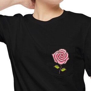 Pixelated Pink Rose Shirt, Pocket T-Shirt, 8 Bit, Pixel Art, Pixelated Digital Art, Pixelated Pink Rose, Men&#39;s, Women&#39;s, Pixel Pocket Tee
