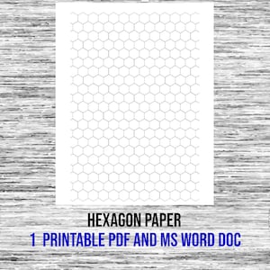 Puede incluir: Papel hexagonal imprimible, una sola hoja con una cuadrícula de hexágonos. El texto "HEXAGON PAPER" y "1 PRINTABLE PDF AND MS WORD DOC" está en la parte inferior de la página.