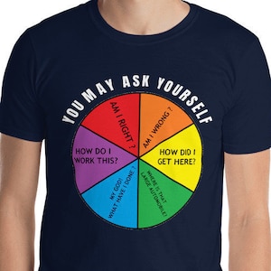 D. Byrne, You May Ask Yourself - 80's The Talking Heads Muziek Retro Songtekst op cirkeldiagram Uniseks Talking Heads cadeau-T-shirt met korte mouwen