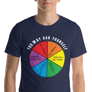 Jaren 80 rock, je mag jezelf afvragen jaren 80 The Heads Muziek Retro Songtekst Cirkeldiagram Korte mouwen Bella + Canvas 3001 Unisex Talking Heads cadeau-T-shirt
