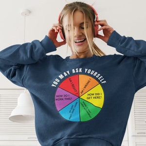 Fans van D. Byrne, T. Heads, je mag het jezelf afvragen 80's Heads Muziek Retro Songtekst Cirkeldiagram Unisex zware mix T. Heads cadeau-sweater met ronde hals