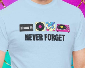 Camiseta Nunca Olvidar, Cinta VHS, Álbum de Música, Tocadiscos de la Vieja Escuela, Camiseta Retro Unisex de Tecnología Antigua