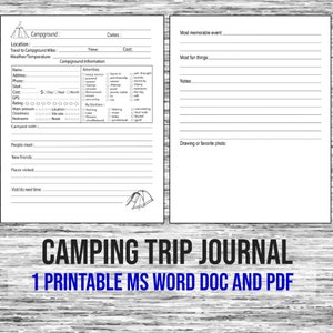 May include: A printable camping trip journal with a black and white tent illustration. The journal includes sections for campground information, dates, costs, amenities, activities, most memorable event, most fun things, notes, and a drawing or favorite photo.