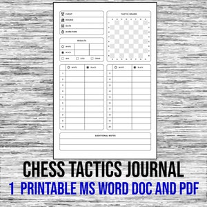 Digital Download, Chess Tactics Journal, Chess Moves Log, Chess Tactics Log, Includes: 1 Printable File in MS Word Doc and PDF, file formats