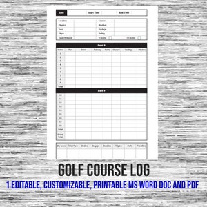 Digital Download, Golf Course Log, Golf Course Score Log, Golf Score Sheet, Includes: 1 File in MS Word Doc and PDF, file formats