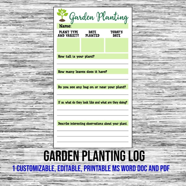 Digital Download, Garden Planting Log, Plant Care Log, Gardening Plants Log, Includes: 1 File in MS Word Doc and PDF, file formats