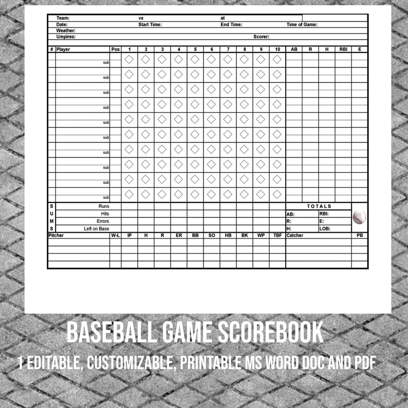Baseball Scorebook: Little League & Pro Games (digital Download) - Etsy