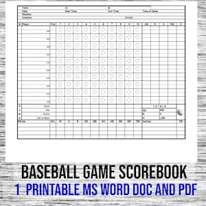 May include: A printable baseball game scorebook with a black and white design. The scorebook includes columns for player number, position, innings, runs, hits, errors, and totals. The scorebook also includes a section for the pitcher and catcher.