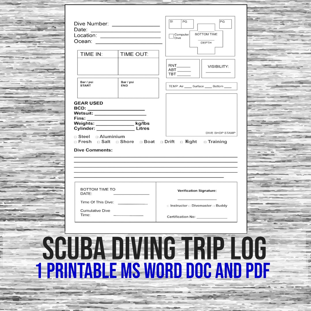 Digital Download, Scuba Diving Journal, Document Scuba Diving Trips