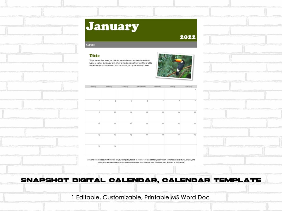 Digital download snapshot calendar calendar template calendar word