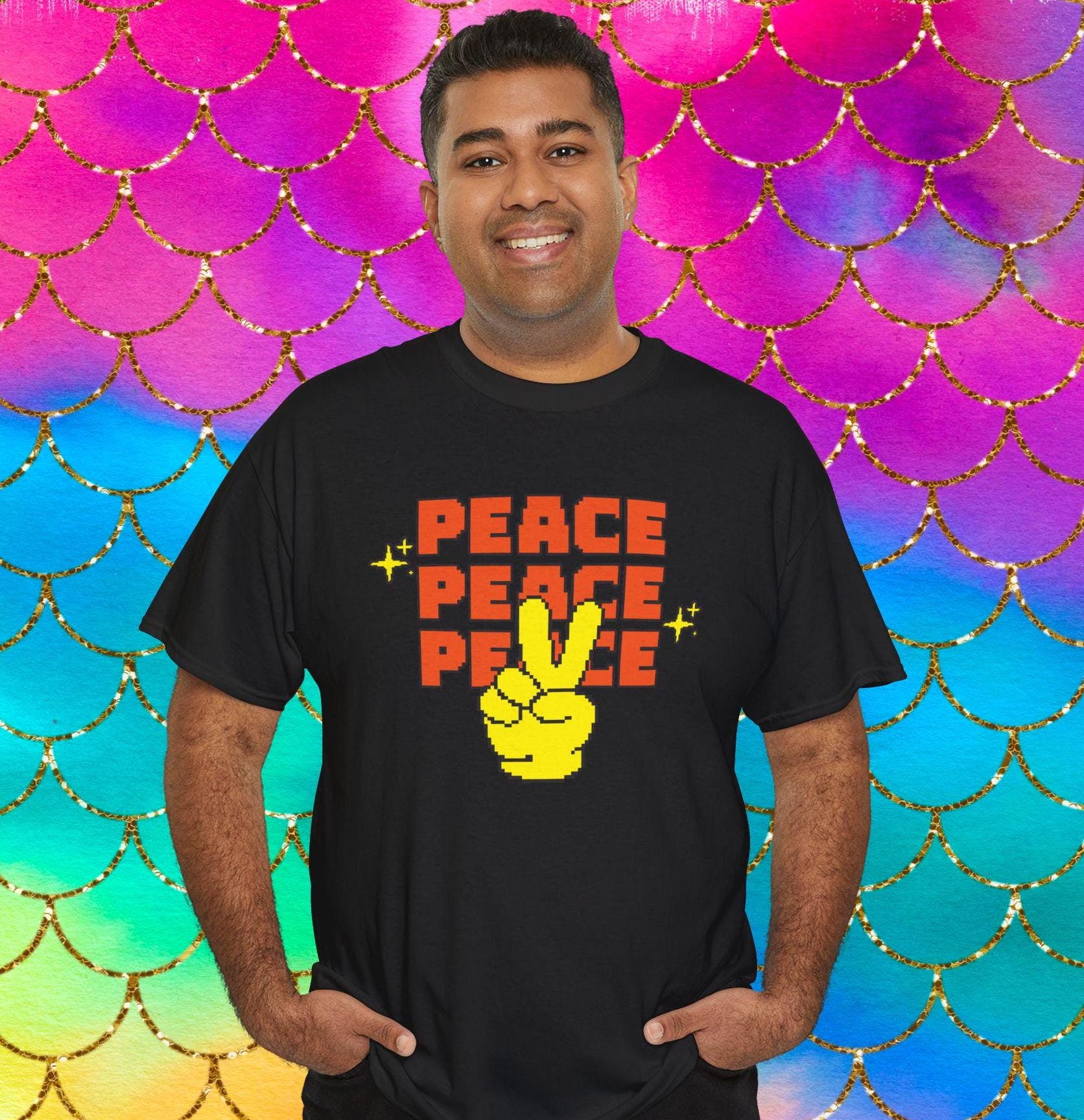 ピクセル化されたピースサインシャツ：面白いピースラバーTシャツ