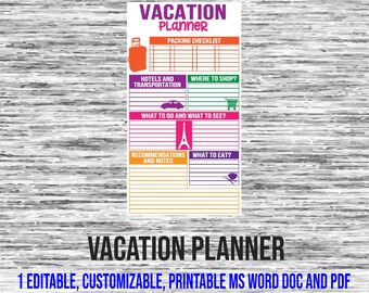 May include: A printable vacation planner checklist with sections for packing, hotels and transportation, where to shop, what to do and see, recommendations and notes, and what to eat. The planner has a colorful design with icons and text.