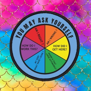 Talking Heads 3" opstrijkbare patch, You May Ask Yourself-patch, D. Byrne, 80's rockmuziek, cirkeldiagram retro songteksten, Talking Heads opstrijkpatch