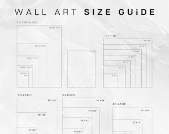 May include: A chart showing different wall art size ratios and dimensions in inches. The ratios are 5x7, 2:3, 3:4, and 4:5. The chart includes the following sizes: 4x6, 5x7, 6x8, 8x10, 8x12, 9x12, 12x15, 12x18, 16x20, 16x24, 18x24, and 5x20.