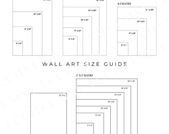 May include: A wall art size guide with different aspect ratios: 2:3, 3:4, 4:5, and 1:1. The guide shows the dimensions of each ratio in inches, starting with the smallest size and increasing in size.