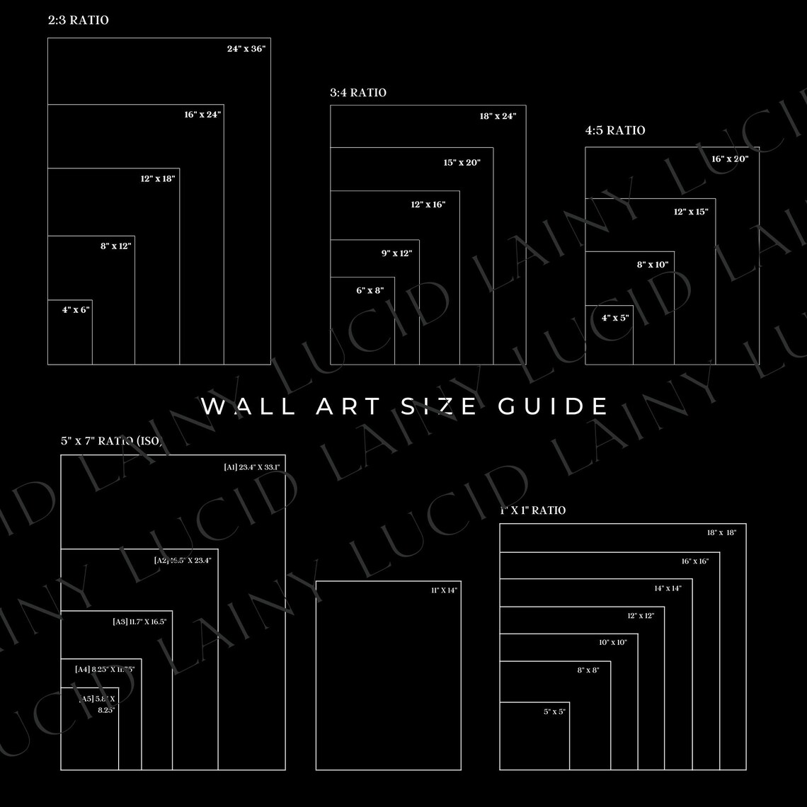 Size Guide Wall Art Printables Pngs JPEG Popular Frame Sizes, Digital