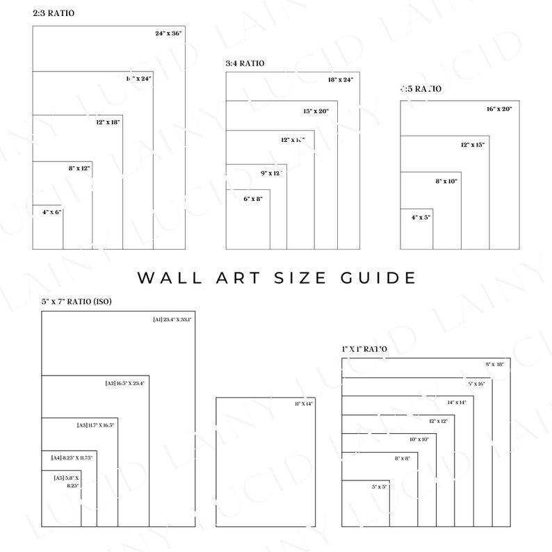 Size Guide Wall Art Printables Pngs JPEG Popular Frame Sizes, Digital
