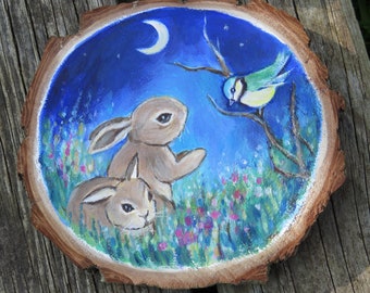 Bunny Rabbit Hanging Decoration Real Wood Blue Floral Blue Tit