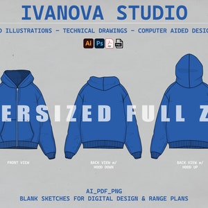 May include: Three technical drawings of an oversized blue full zip hoodie. The front view shows the zipper and the back view shows the hood up and down.