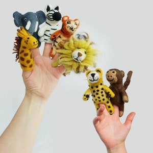 Handmade Felt Wool Zoo/Jungle Animal Finger Puppets (Set of 7)