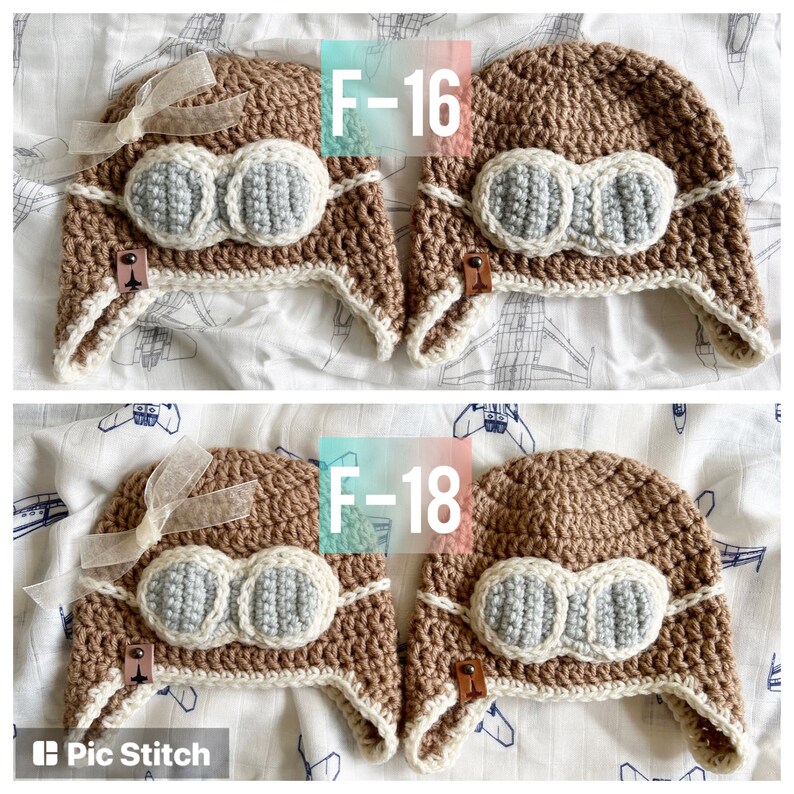 May include: Two brown crocheted aviator hats with white trim and gray felt goggles. The hats are labeled "F-16" and "F-18".