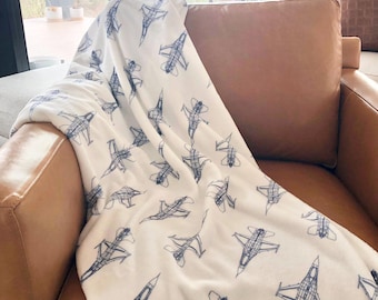 F-16 Fighter Jet Blueprint Plush Blanket (available in three sizes)