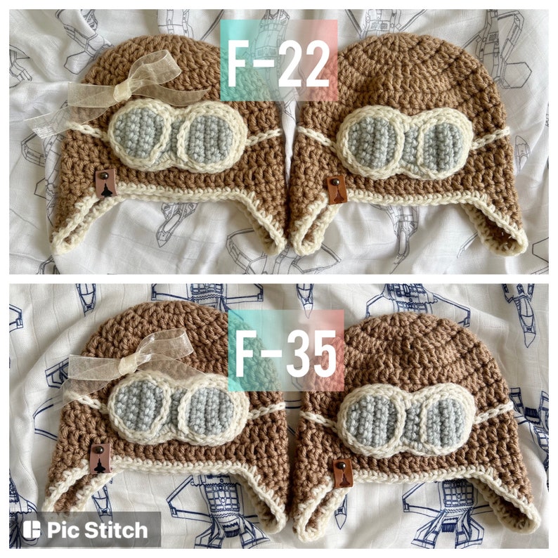 May include: Two brown crocheted hats with white trim and gray crocheted goggles. The hats have a brown leather label with the text "F-22" and "F-35" on them.