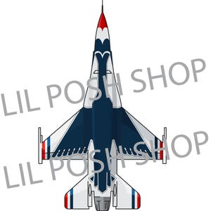 Puede incluir: Vista superior de un avión de reacción estilizado en blanco, azul marino y rojo. El diseño presenta una punta roja, detalles en azul marino y alas blancas. El texto "LIL POSH SHOP" está superpuesto en la imagen.