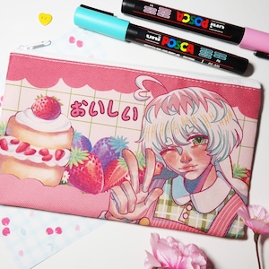 Adorable Strawberry Bunny Fabric Pencil Case/ White Zipper and Inside/ Colorful and Cute/ 8&quot; x 5&quot;