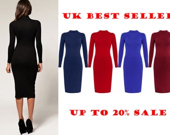 New Ladies Cap Sleeve Body con Midi Dress Plain Stretch Top Sizes 8-14