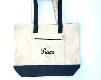 Personalized Canvas Tote Bag with Zipper Bridesmaid Tote Bag Personalized Monogram Tote Bag Embroidered Tote Bridal Party Bag Bachelorette