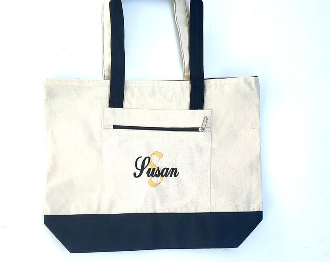 Personalized Canvas Tote Bag with Zipper Bridesmaid Tote Bag Personalized Monogram Tote Bag Embroidered Tote Bridal Party Bag Bachelorette
