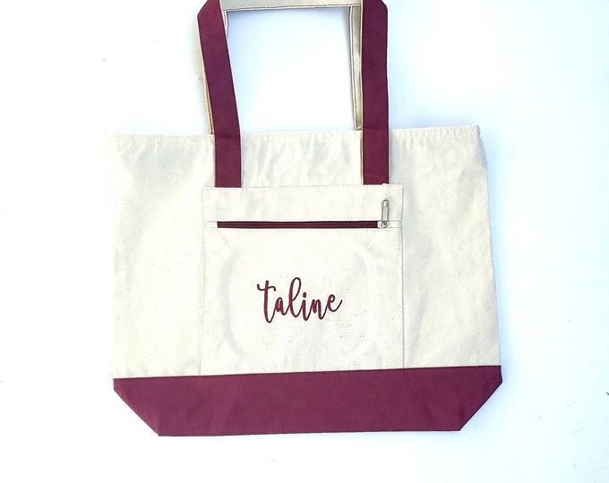 Personalized Canvas Tote Bag with Zipper Bridesmaid Tote Bag Personalized Monogram Tote Bag Embroidered Tote Bridal Party Bag Bachelorette