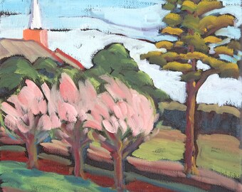 Blooming Peach Trees, Oil Painting, Canvas Painting, Small Art, Original Oil Painting Landscape, Flower Tree