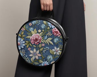 Borsa a tracolla rotonda con finti ricami floreali, manico superiore, stile boho, borsetta circolare personalizzata, borsette da donna di piccole dimensioni, regalo per lei