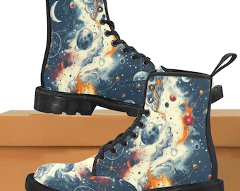Botas de lona con cordones para mujer, estampado de constelación de calaveras, botines de combate, botas Nevermore estilo boho, botas Doc Martens, zapatos de boda.