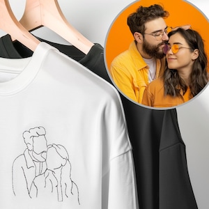 Custom photo Embroidered Cotton T-shirts, Embroidery tshirt, Family Outline photo, Custom tshirt Print,Couple Memory Monogram Picture tshirt