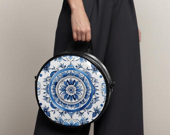 Borse a tracolla rotonde con mandala ad acquerello, con manico superiore, stile boho, borsette rotonde personalizzate, borsette piccole da donna, regalo per lei