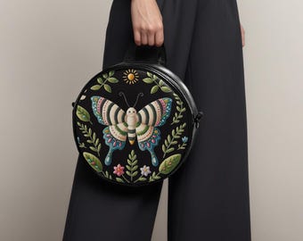 Borse a tracolla rotonde con finta farfalla ricamata, manico superiore, stile boho, borsetta circolare personalizzata, borsette da donna di piccole dimensioni, regalo per lei