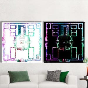 May include: Two square wall art prints featuring architectural floor plans with a vibrant, multi-colored gradient effect. One print has a white background, while the other has a black background. Both display intricate room layouts and structural lines.