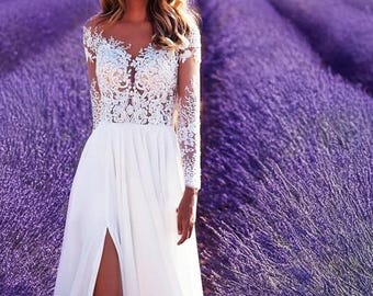 Deep V-Neck Long Sleeve Sheer Lace Bohemian Wedding Dress, Side Slit & Small Train, Romantic A-Line Bridal Gown for Modern Brides,