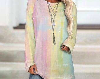 Damen Langarm Rundhals T-Shirt, Abstrakte Kunst Grafikdruck Modernes Shirt, S-5XL Übergroßes Mode Chic Tee, Individuelle Geschenke