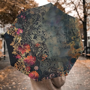 Vintage Automatic Umbrella, Boho Artistic Print,Durable Windproof Folding Umbrella,Compact Travel Accessory,Designer Rain Gear, Custom Gifts